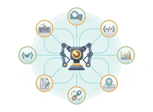Automation and technology icons around central robot arm.