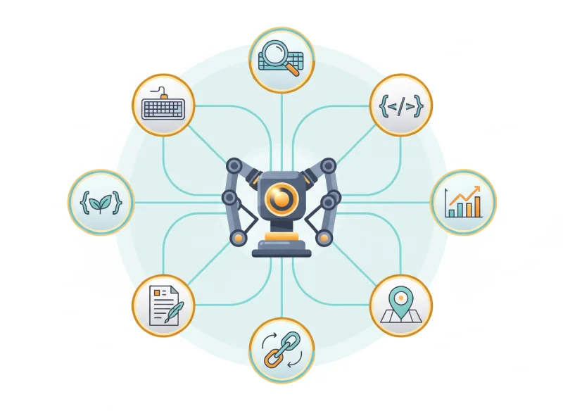 Automation and technology icons around central robot arm.